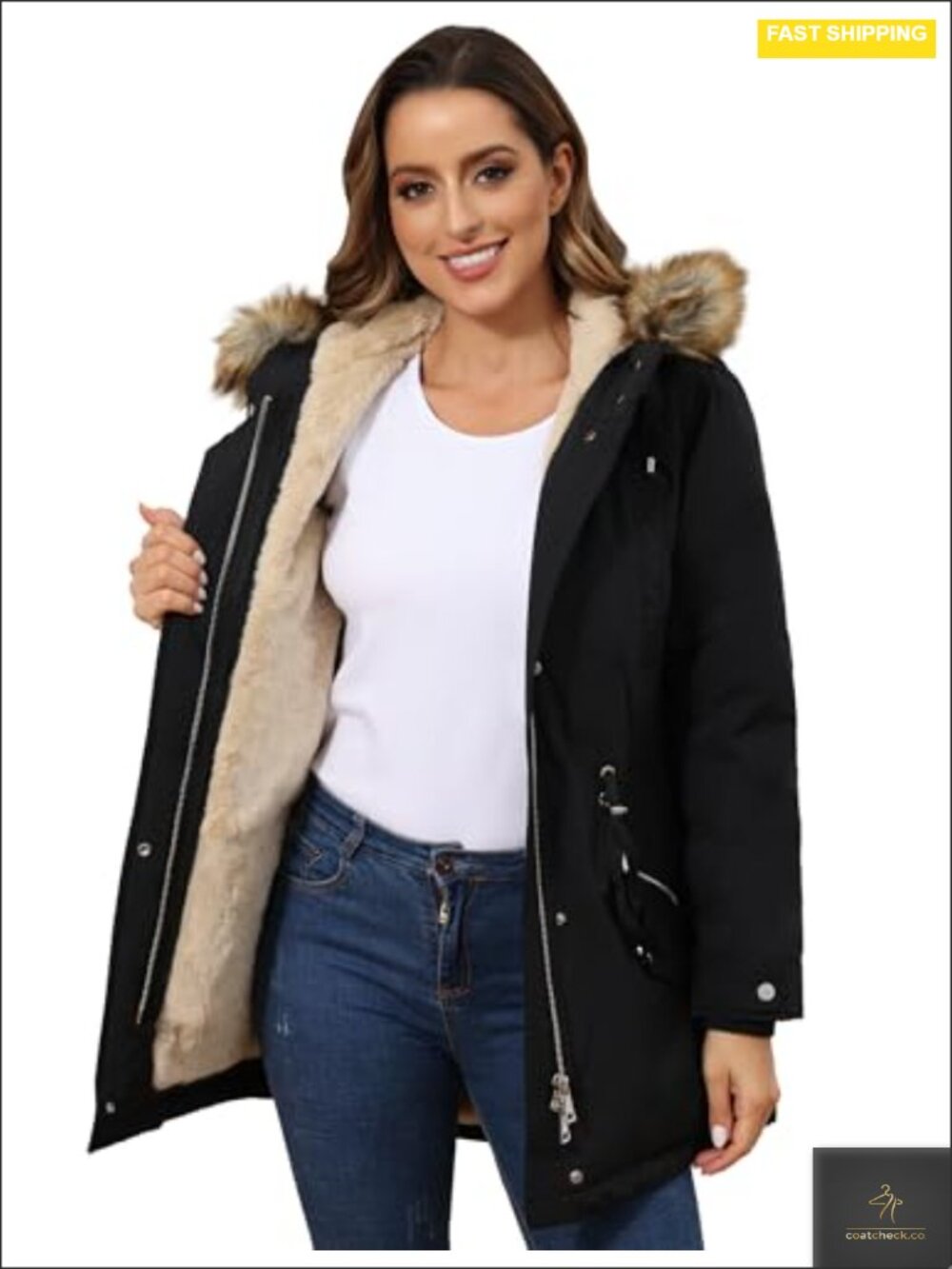 Fleece Lined Parka Jacket Hooded Long Winter Warm Coat 2-Way Metal Zipper